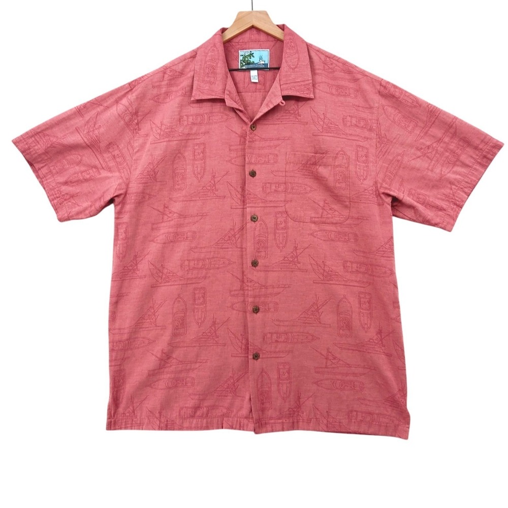 AFTCO Bluewater Shirt Men XXL Pink Boat Graphic Short Sleeve Camp Beach Casual